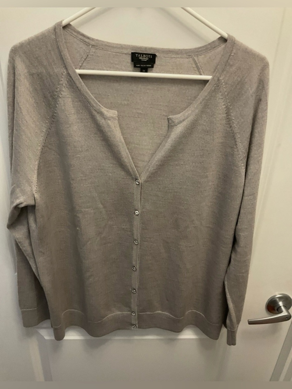Talbots Women's Light Gray Button-Front Sweater 100% Pure Italian Merino Wool